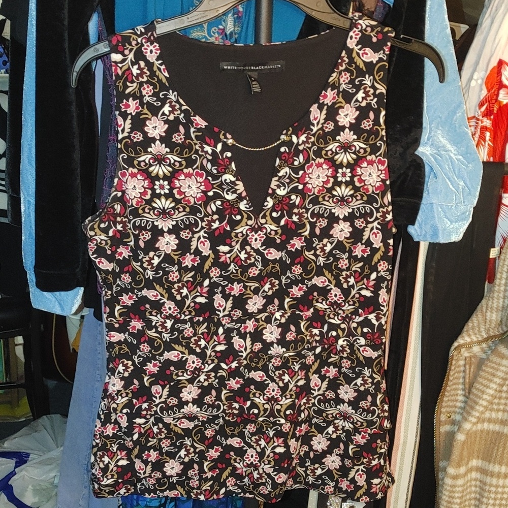 White House Black Market Black Sleeveless Floral Peplum Camisole